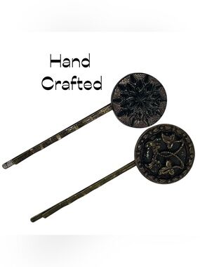 Hand Crafted Black Bronze Button Repurposed Hair Clips NWT